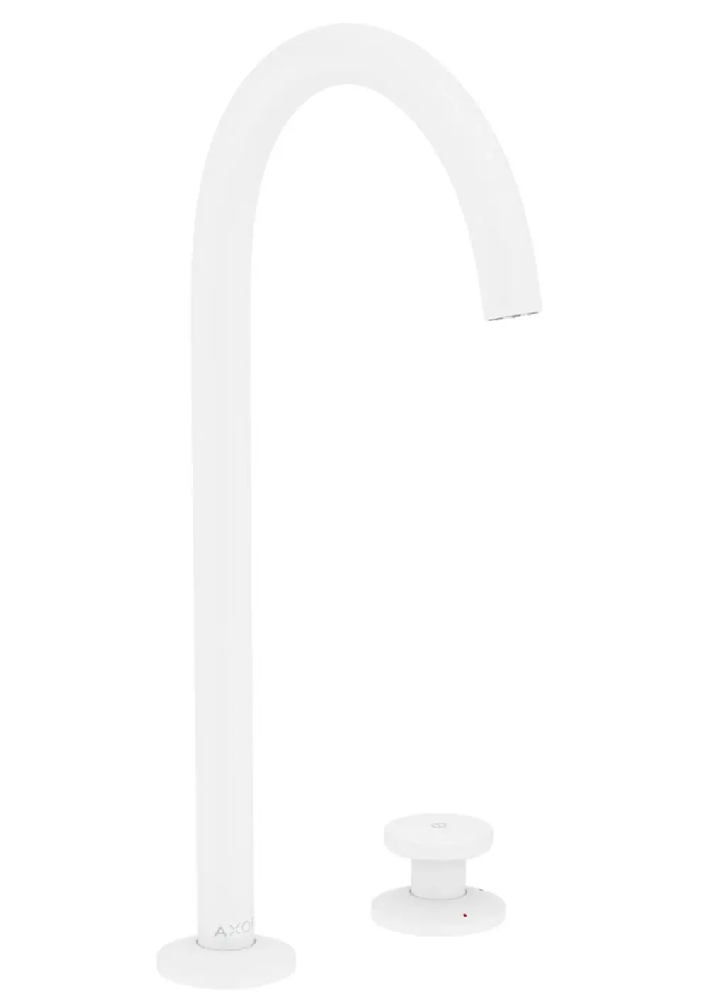 Weißer AXOR Wasserhahn mit hohem, geschwungenem Auslauf und runder Push-Open Ablaufgarnitur. Schlichtes Design für Waschtische ohne sichtbare Steuerungselemente.